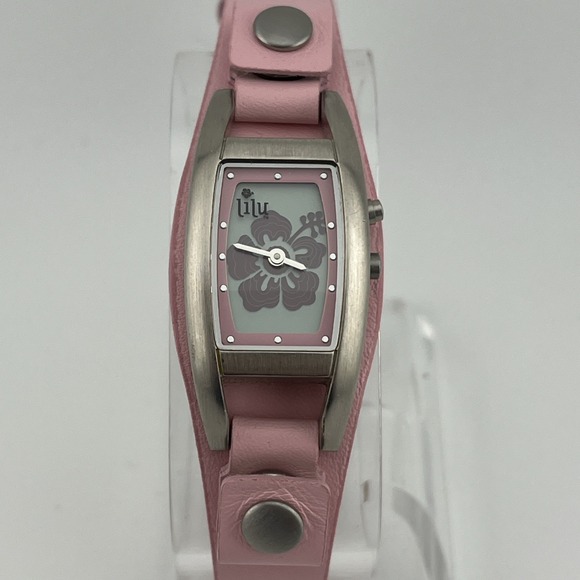 Lilu Watch Hibiscus Flower Dial Pink Genuine Leather Band- New Battery - Picture 1 of 7